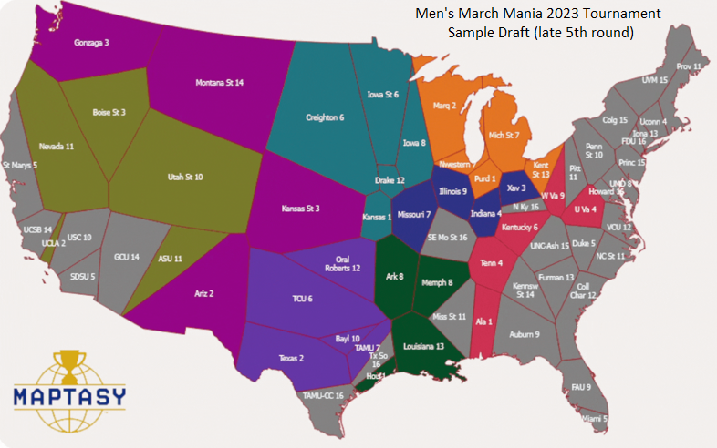 Snapshot of a Maptasy draft on a map for the Men's 2023 College Basketball Tournament midway through the 5th round. Each color represents the teams drafted by a different player. The gray territories have yet to be chosen. The turquoise, orange, and magenta teams have already gotten boxed in and will lose their next turn but then be able to choose any unchosen territory