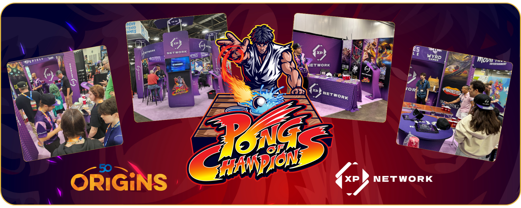 Pong of champions logo surrounded by event images