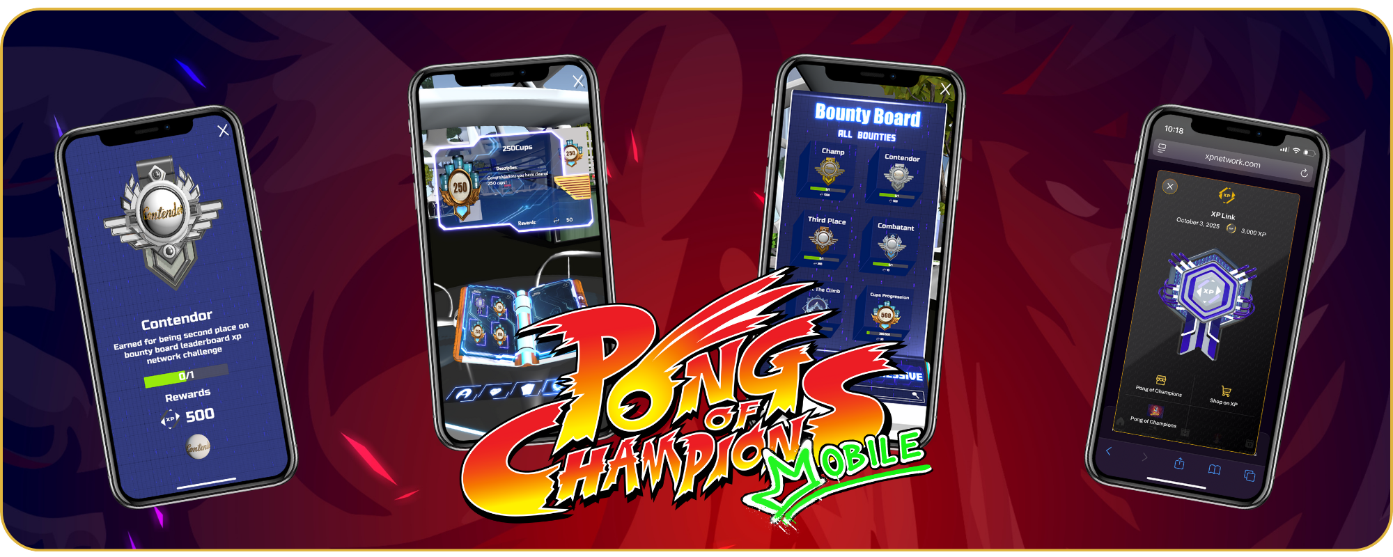 Pong of Champions Mobile Logo with 4 images behind it of game